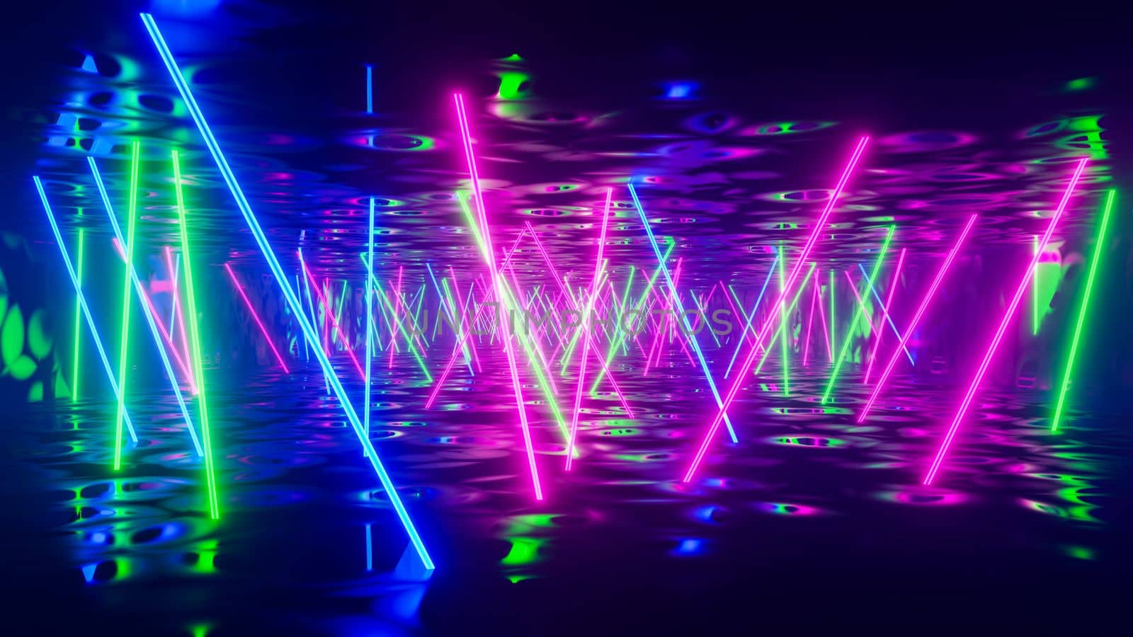 Flying down a corridor with multicolored fluorescent lights. 3D rendering illustration..