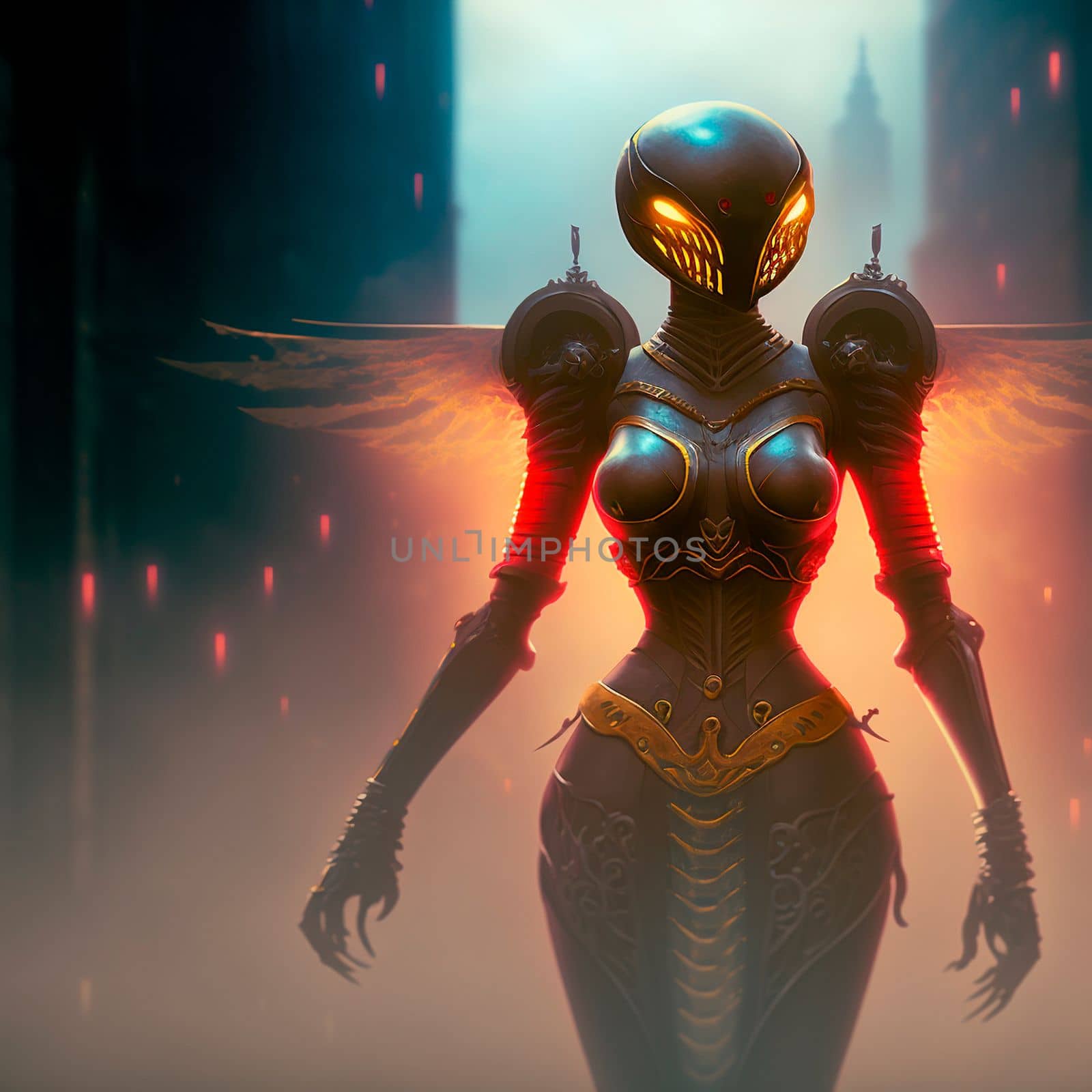 Mysterious cyborg woman with golden wings. High quality photo