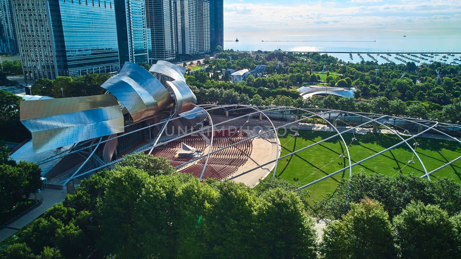 Pavilion in Millennium Park Chicago with view of docks and Lake Michigan by njproductions