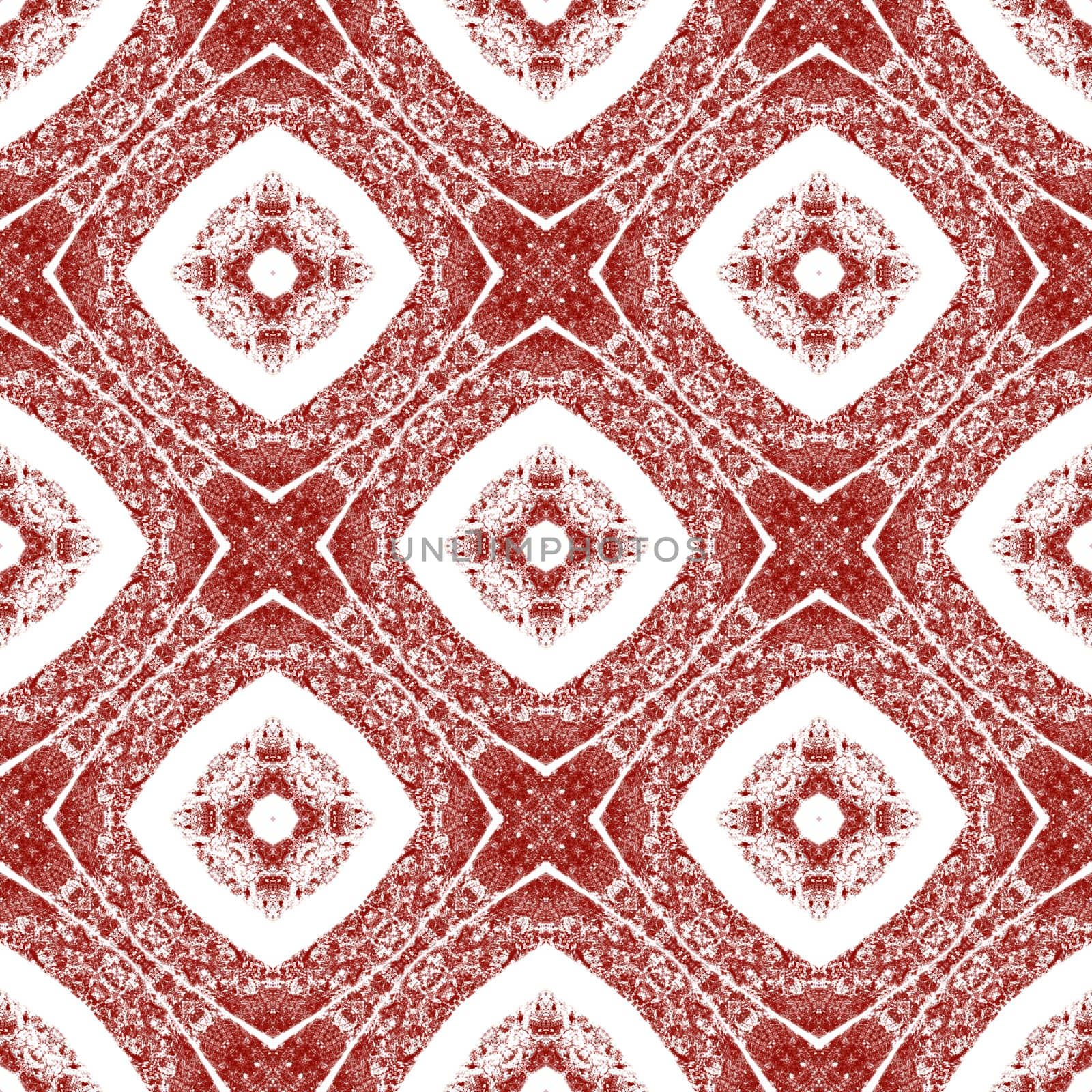 Ethnic hand painted pattern. Wine red symmetrical kaleidoscope background. Textile ready mesmeric print, swimwear fabric, wallpaper, wrapping. Summer dress ethnic hand painted tile.