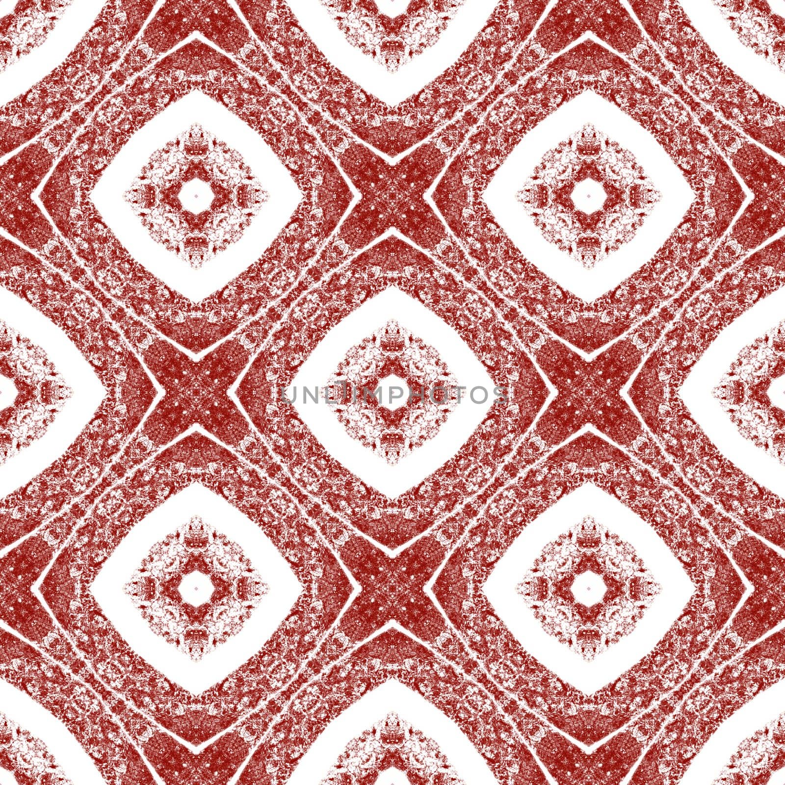 Ethnic hand painted pattern. Wine red symmetrical kaleidoscope background. Textile ready mesmeric print, swimwear fabric, wallpaper, wrapping. Summer dress ethnic hand painted tile.