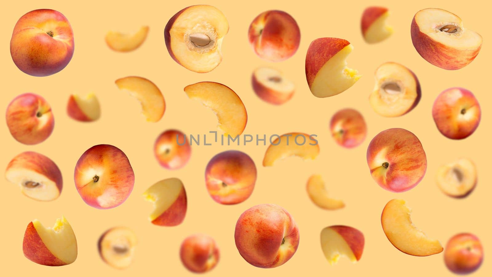 Creative levitation pattern with peach ruits. Selective focus. Isolated fruit. Packaging concept. Clip art image for package design.