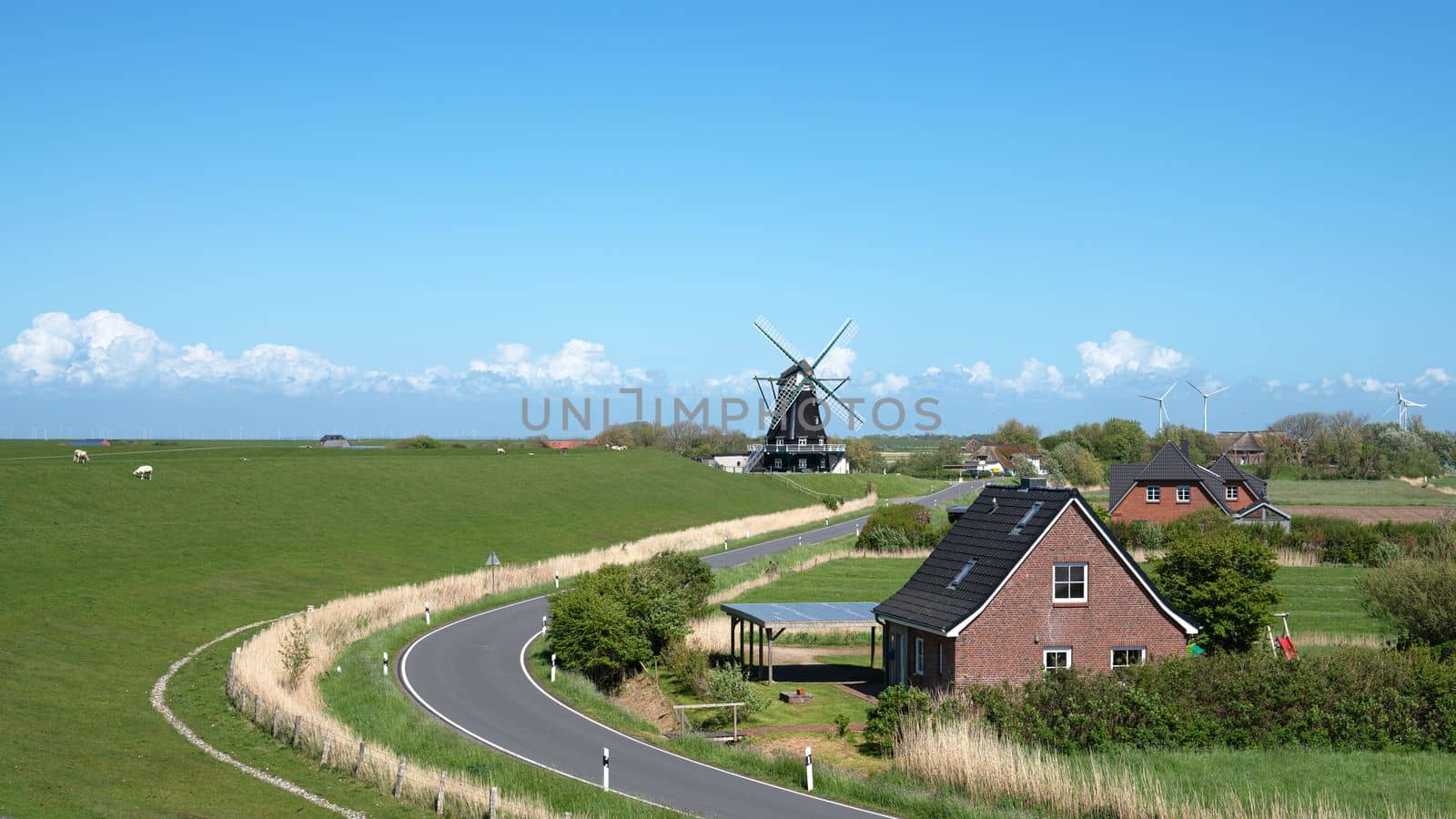 Panoramic image of the windmill of Pellworm against blue sky, North Frisia, Germany