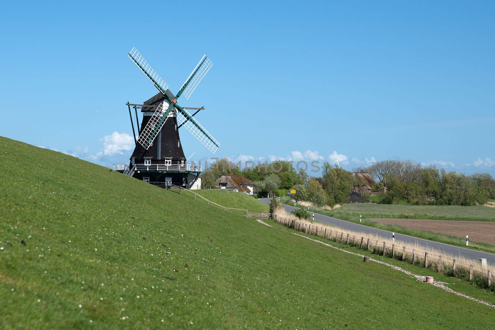 Panoramic image of the windmill of Pellworm against blue sky, North Frisia, Germany