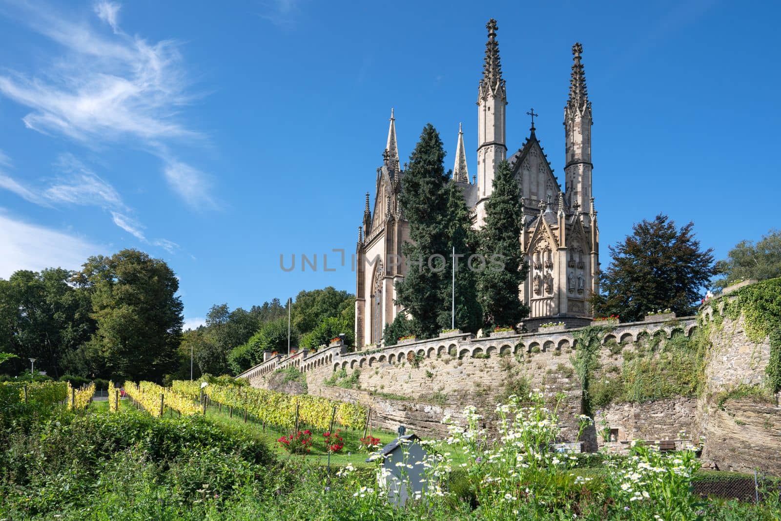 Panoramic image of Apollinaris church against blue sky, Remagen, Germany