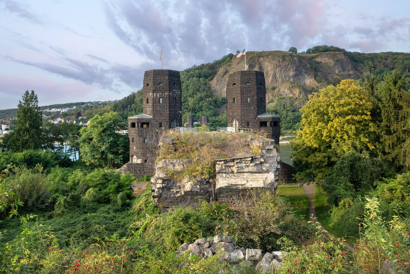 Panoramic image of ruin of the Remagen bridge,  second world war memorial in Germany