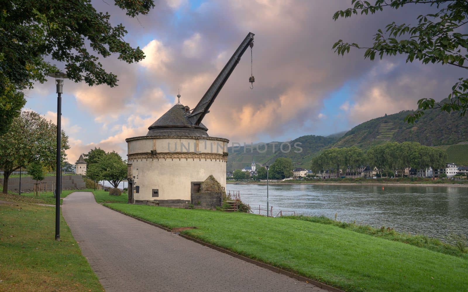 Panoramic image of historic crane close to the Rhine river, Andernach, Germany