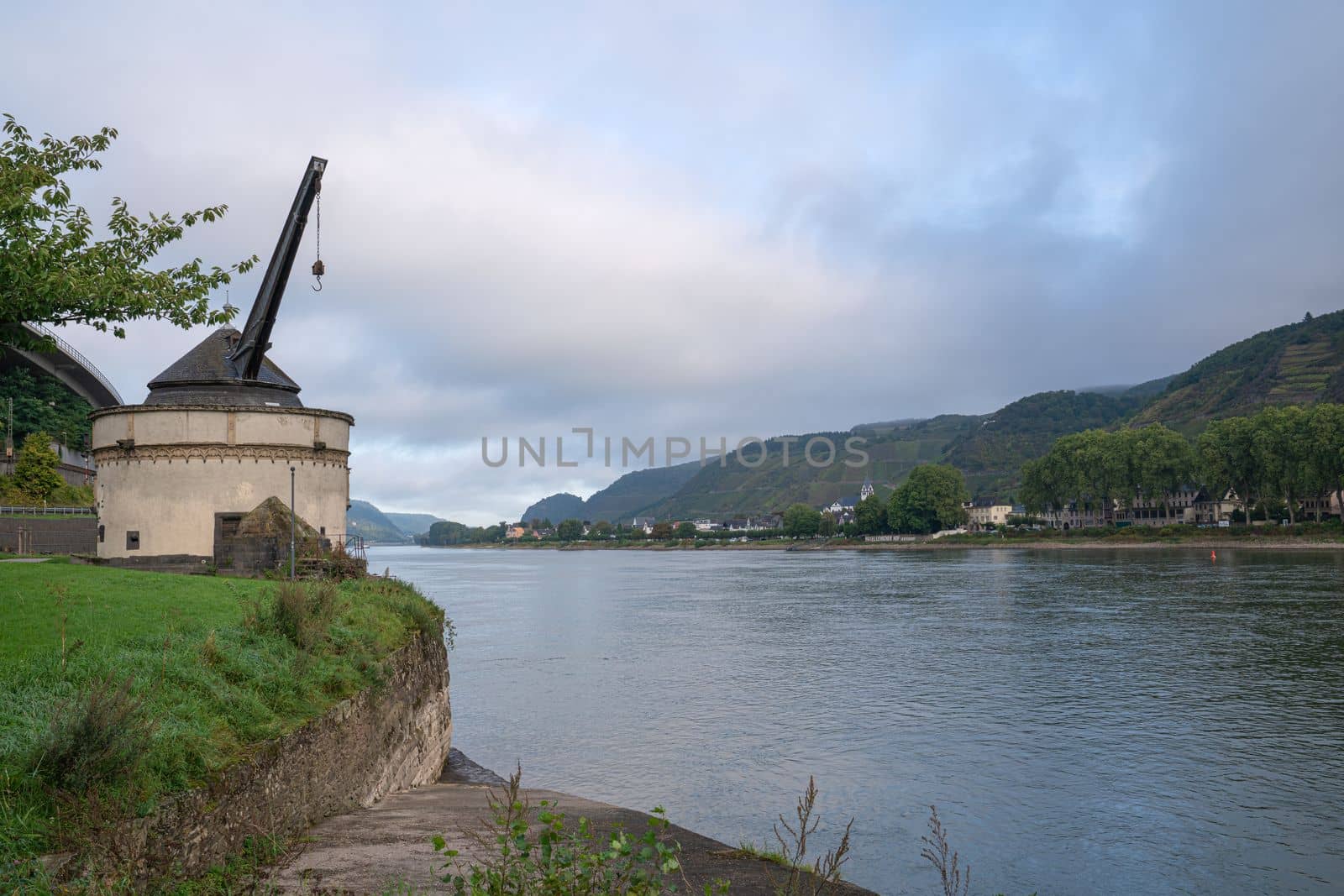 Panoramic image of historic crane close to the Rhine river, Andernach, Germany