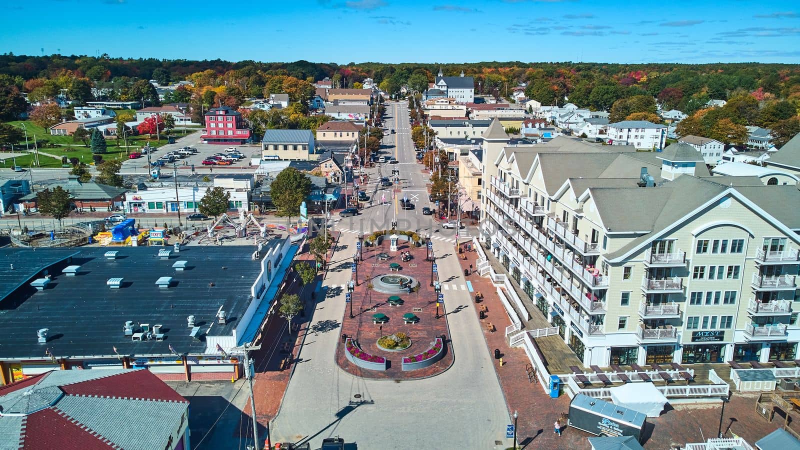 Aerial of shopping district in Maine Old Orchard Beach by njproductions
