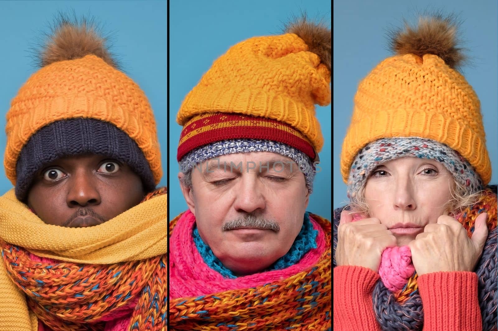  man and woman in several hats and scarfs standing with closed eyes. Energy crisis concept