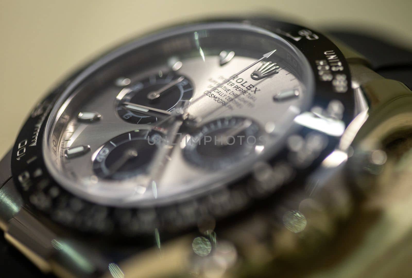 LJUBLJANA, SLOVENIA - December 12, 2021: Luxury watch Rolex Oyster Perpetual close up with selective focus by Chechotkin