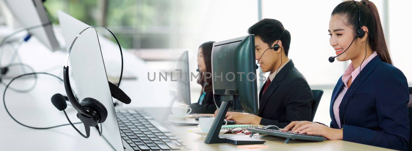 Business people wearing headset working in office in widen view to support remote customer or colleague. Call center, telemarketing, customer support agent provide service on telephone video call.