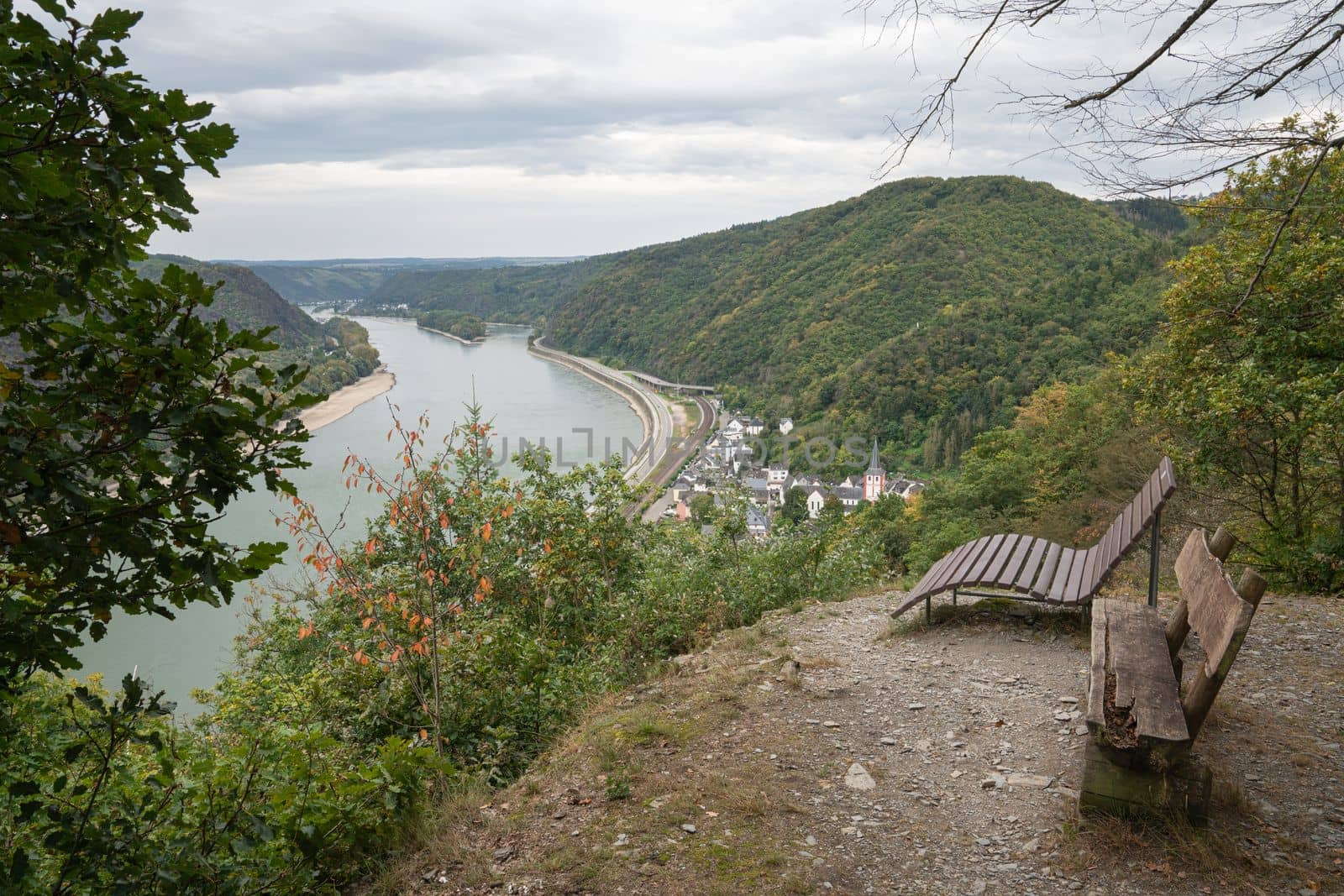 Panoramic image of Rhine Valley close to Sankt Goar against cloudy sky, Rhineland-Palatinate, Germany