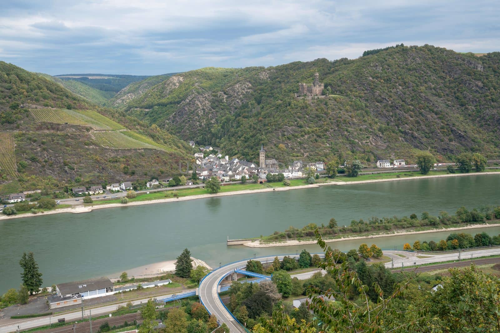 Panoramic image of Rhine Valley close to Sankt Goar against cloudy sky, Rhineland-Palatinate, Germany