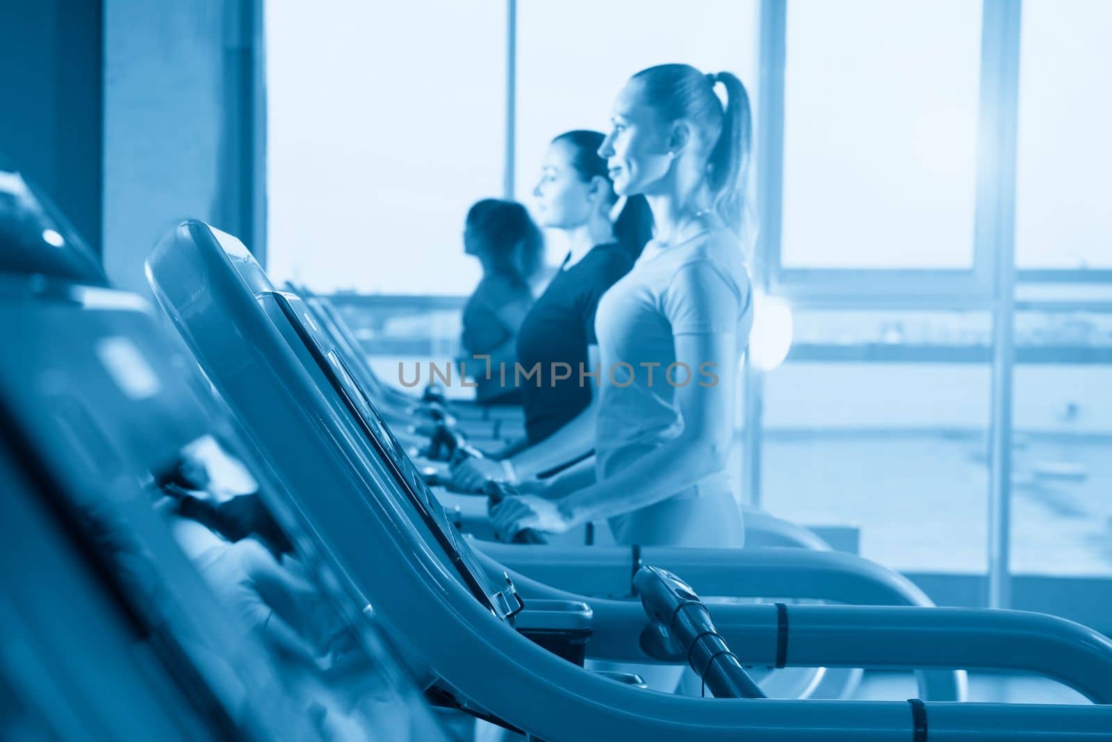 group of young people running on treadmills in modern sport gym