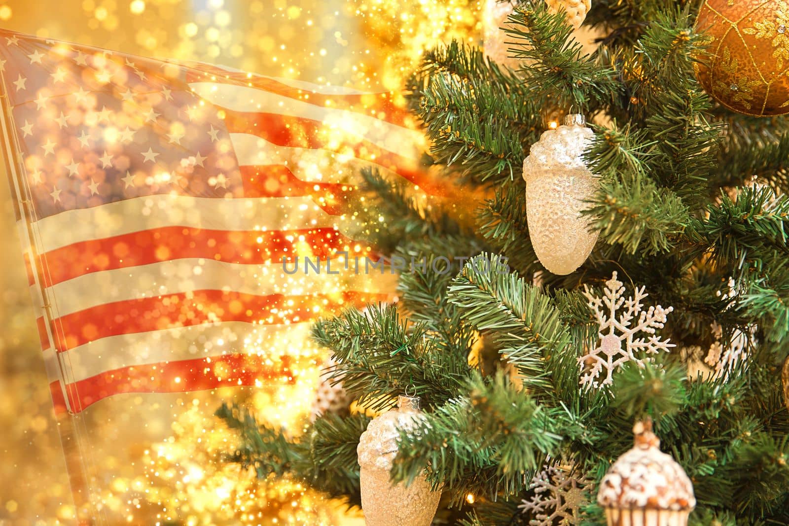 Christmas tree with copy space and usa flag on blurry background by Mariakray