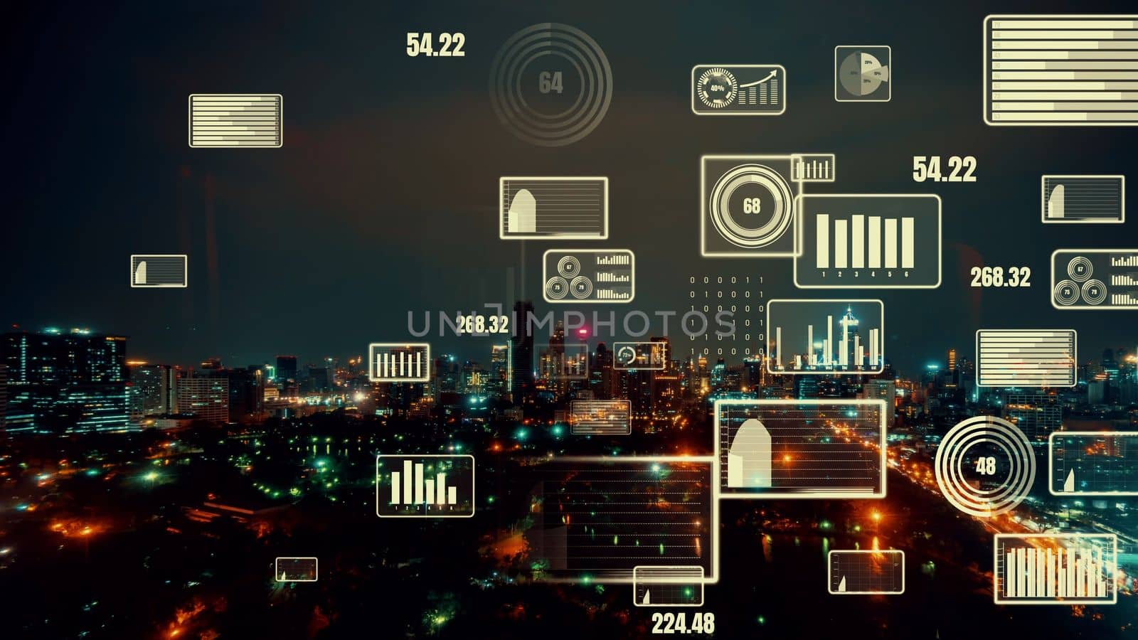 Business data analytic interface fly over smart city showing alteration future by biancoblue