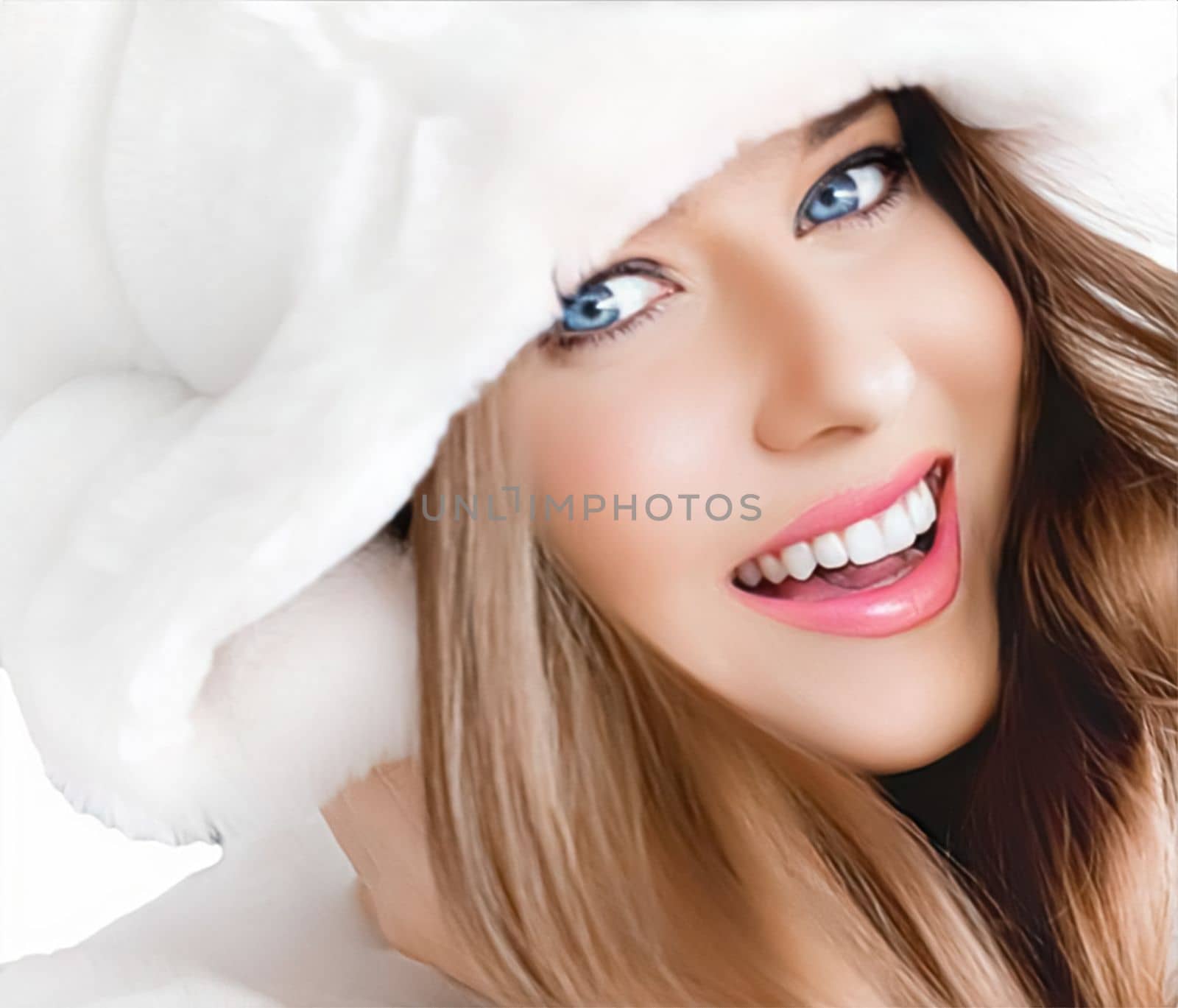 Winter fashion and beauty, beautiful woman in white fur coat by Anneleven