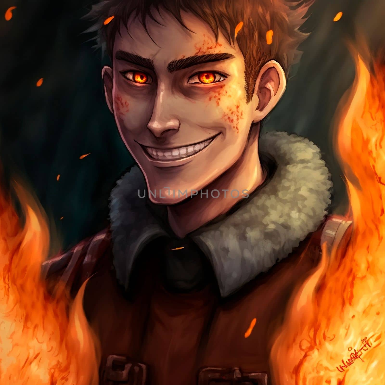 A sinister man engulfed in flames. High quality illustration