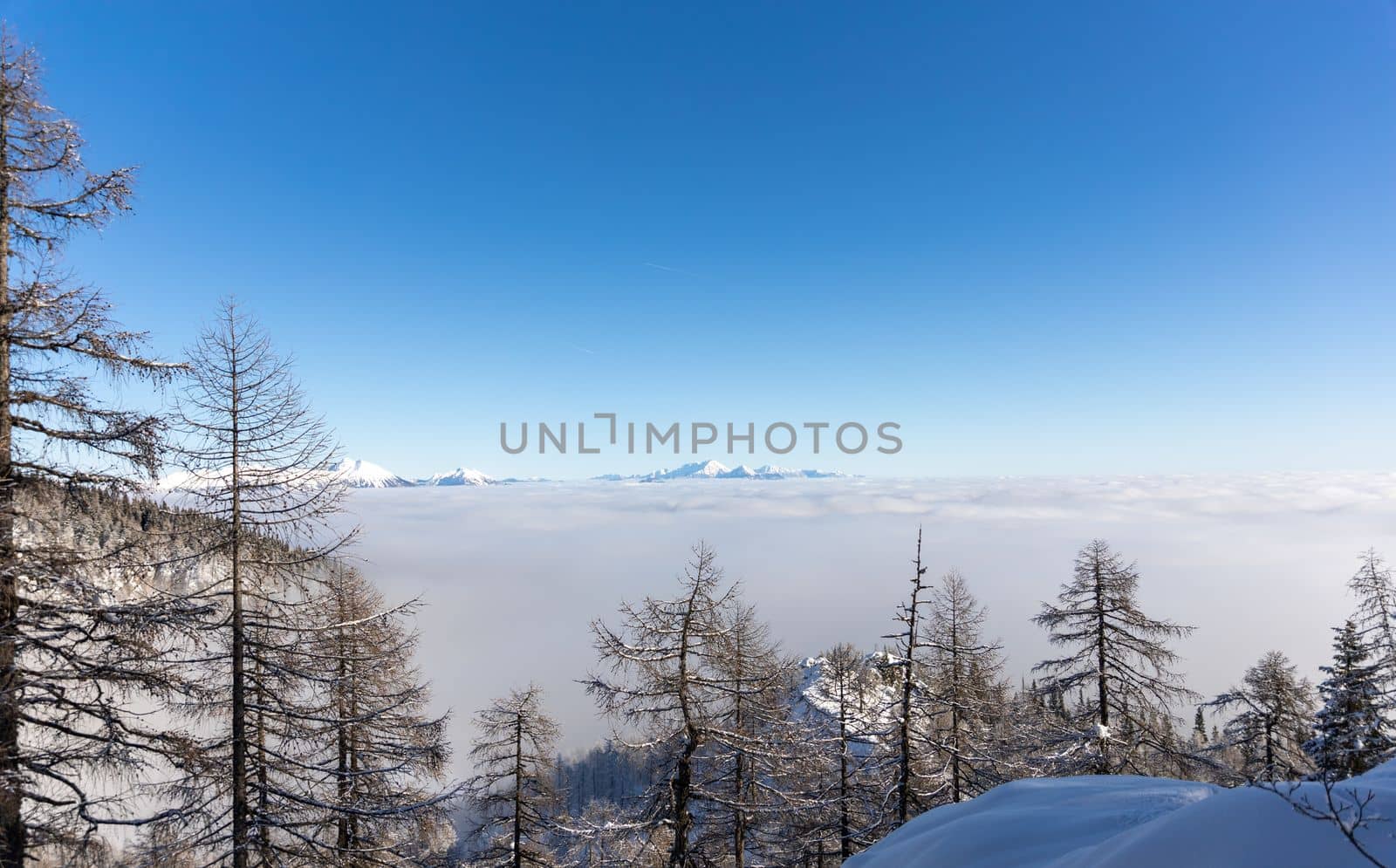 Winter mountains covered with snow landscape over clouds. High quality photo