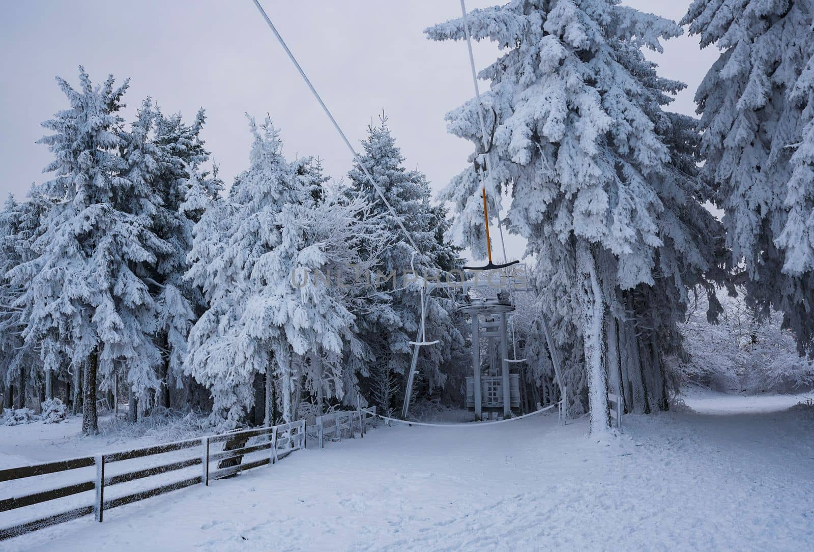 The concept of relaxing in the mountains in winter in the snow on skis, snowboards or sleds, walking under the setting sun at sunset on the Wasserkuppe mountain in Hesse Germany by Costin