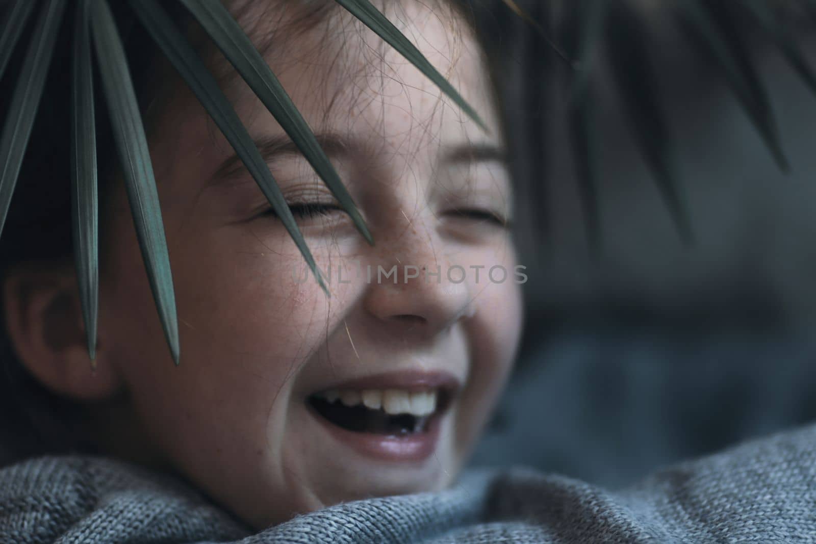 a cheerful child, a charming girl's Face Looking Through The Leaf Of The Plant. High quality photo