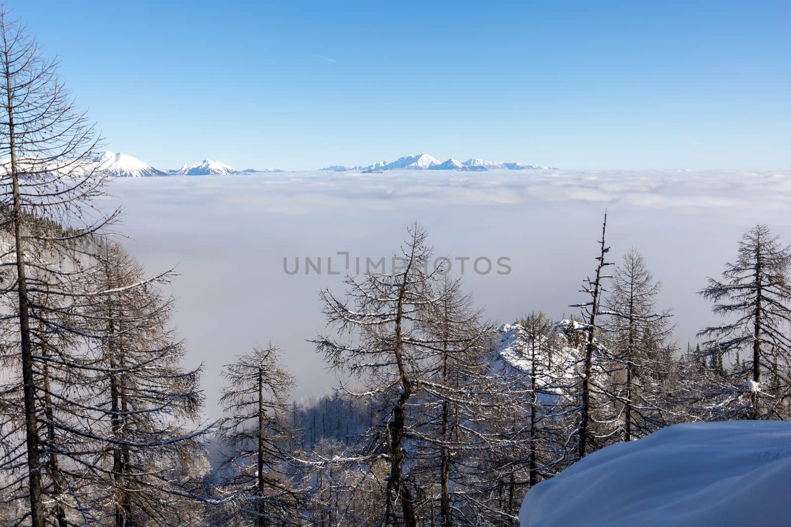 Winter mountains covered with snow landscape over clouds by Chechotkin