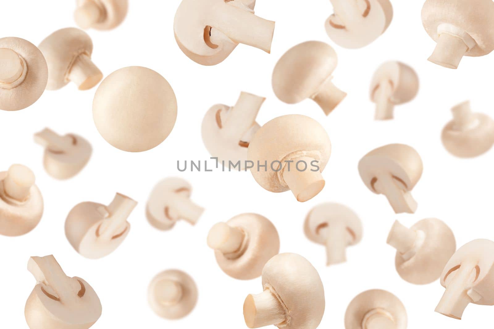 Creative levitation pattern with mushroom. Selective focus. Isolated vegetables. Packaging concept. Clip art image for package design.