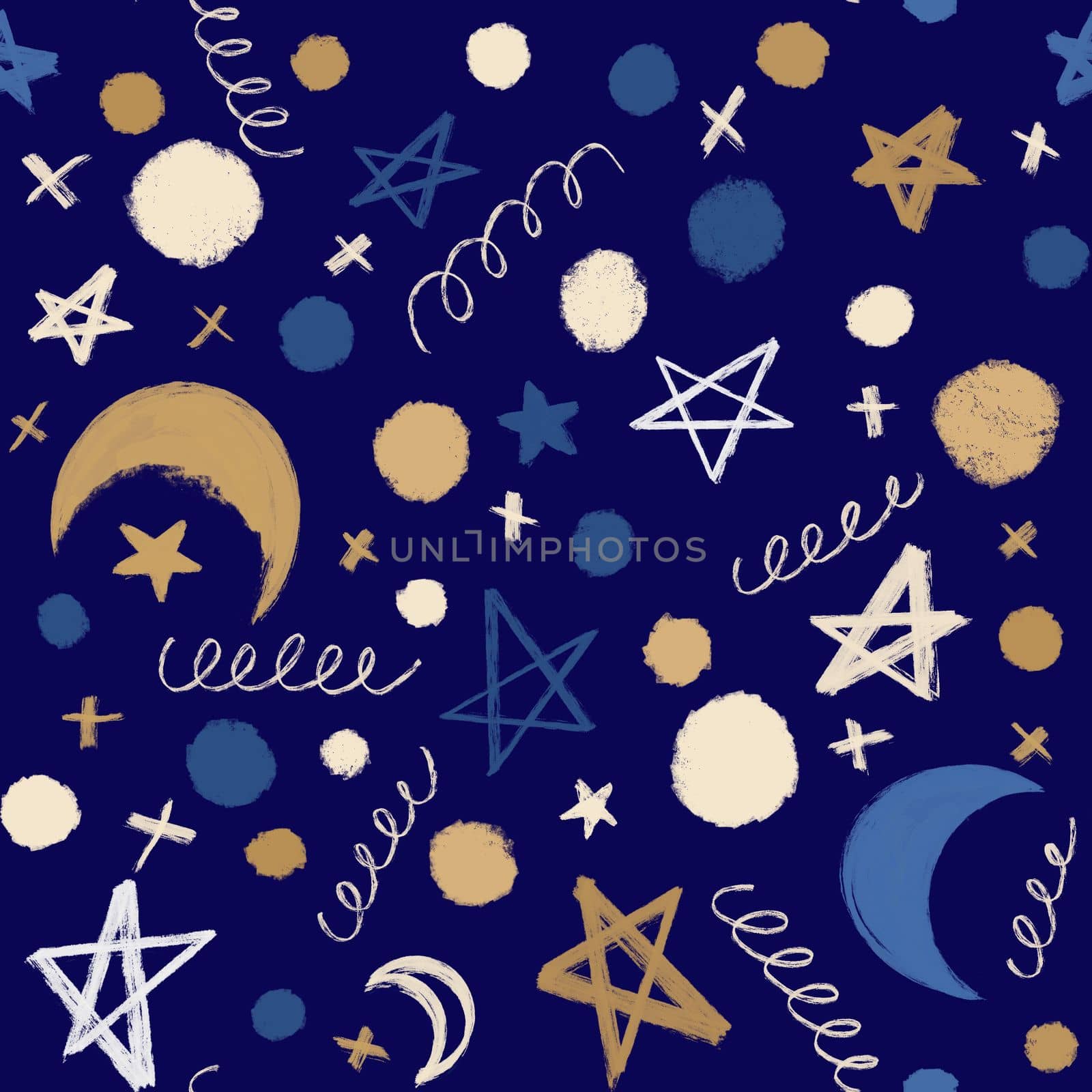 Seamless festive pattern with moon, stars and doodles on a blue background. Christmas background for wrapping paper, surface textures, scrapbook