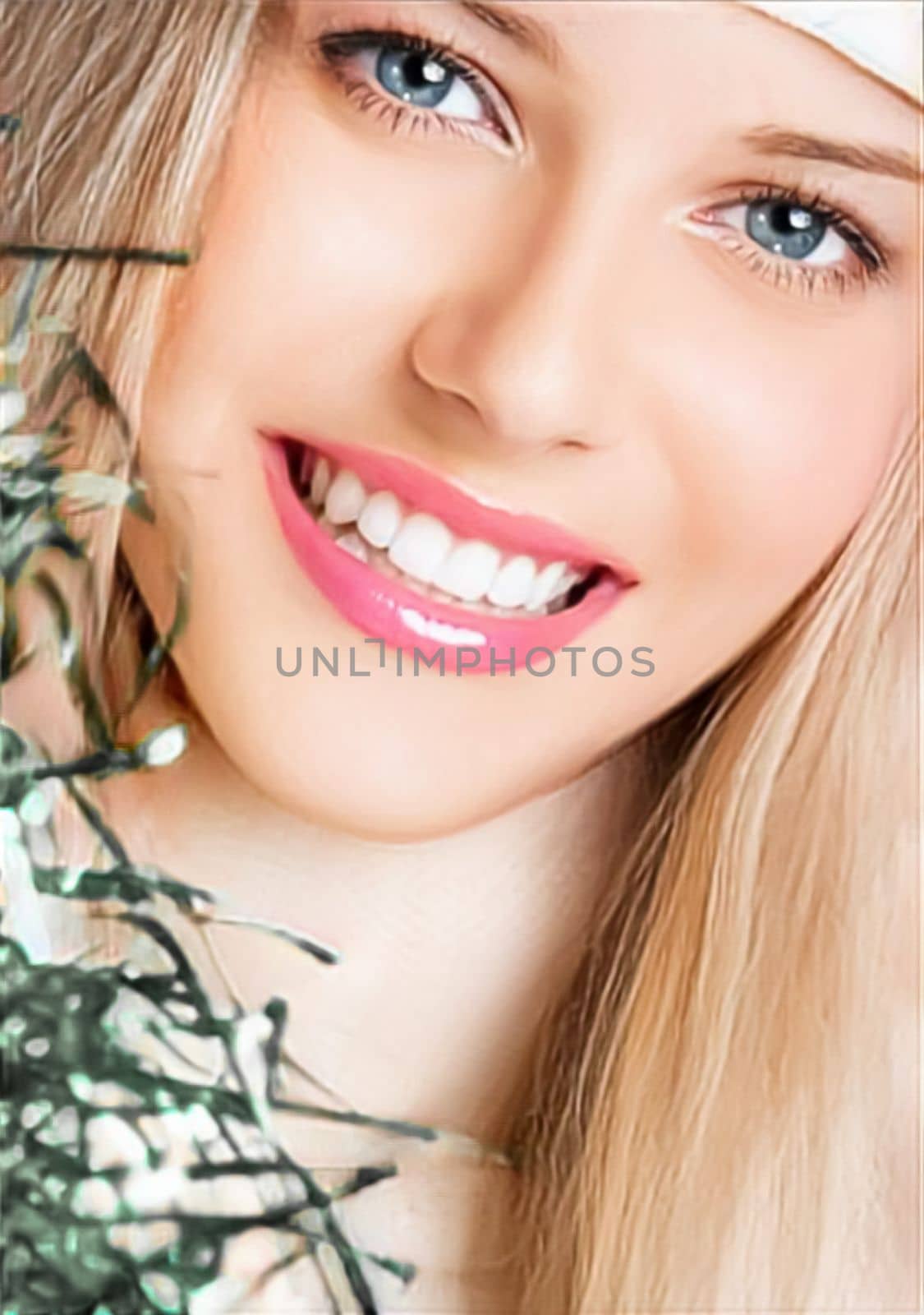 Merry Christmas, happy holidays and woman wearing white benny hat for celebration, beauty and fashion. Portrait of beautiful blonde girl smiling and enjoying Christmas, New Year and winter holidays by Anneleven