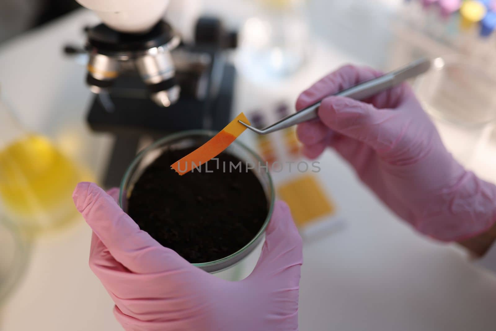 Laboratory analysis of soil and test strip PH. Agrochemical expertise in laboratory concept