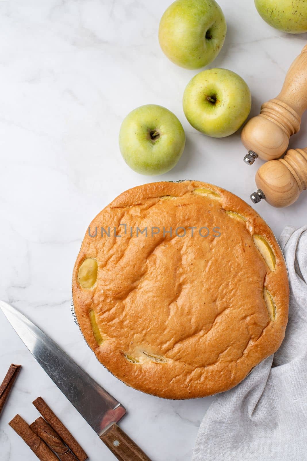 Traditional charlotte apple pie charlotte on concrete table with fresh apple and cinnamon , view from above
