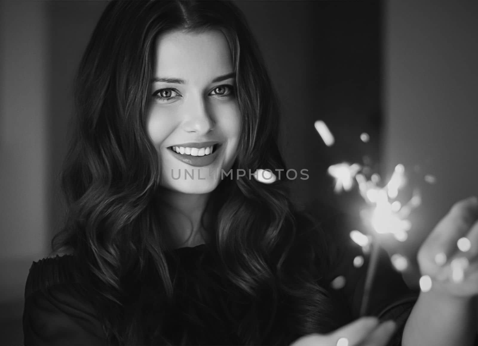 Holiday magic, Christmas and New Year celebration, happy woman with sparklers by Anneleven