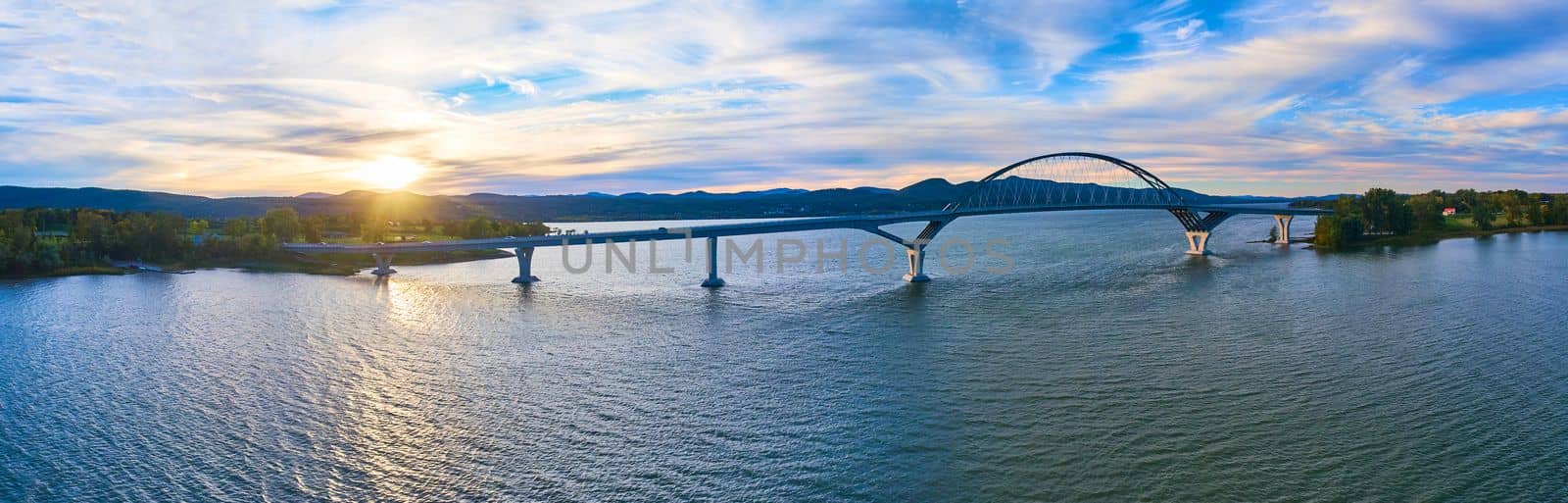 Image of Bridge connecting New York to Vermont panoramic aerial during sunset