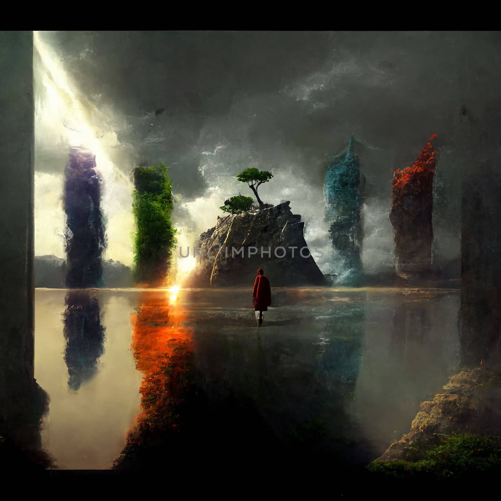 a wanderer between worlds stands in front of portals to other worlds by NeuroSky