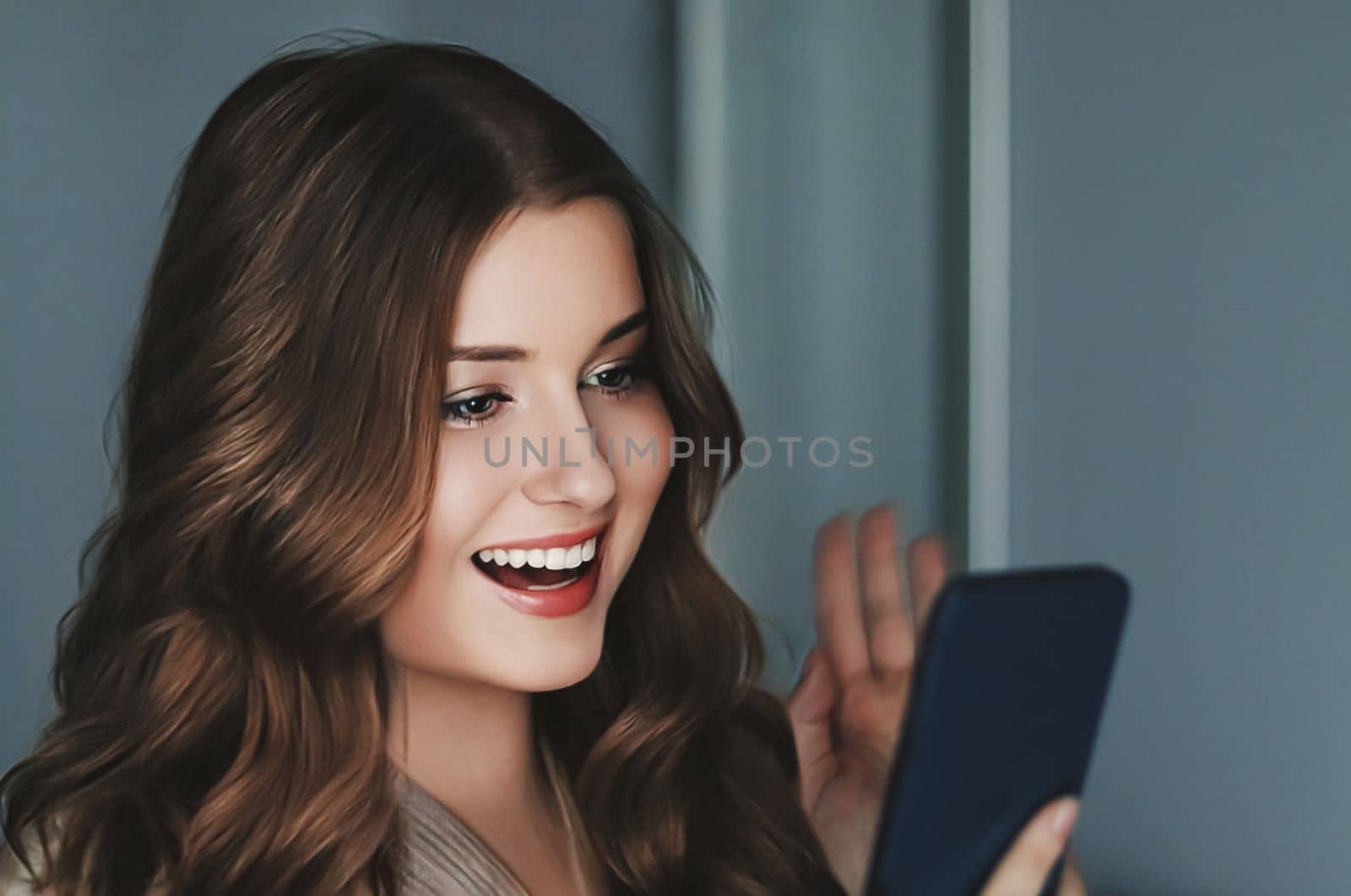 Beautiful woman having a video call and talking on mobile phone, girl doing online shopping on smartphone by Anneleven