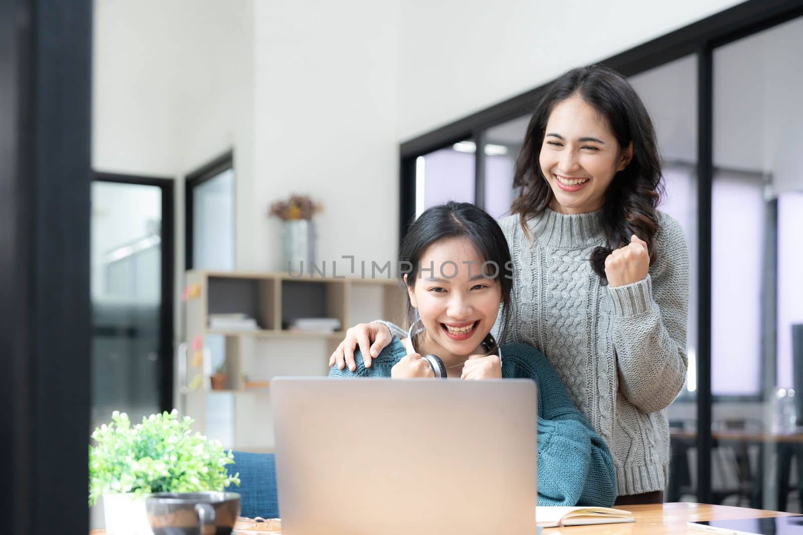 Two young Asian women show joyful expression of success at work smiling happily with a laptop computer in a modern office...
