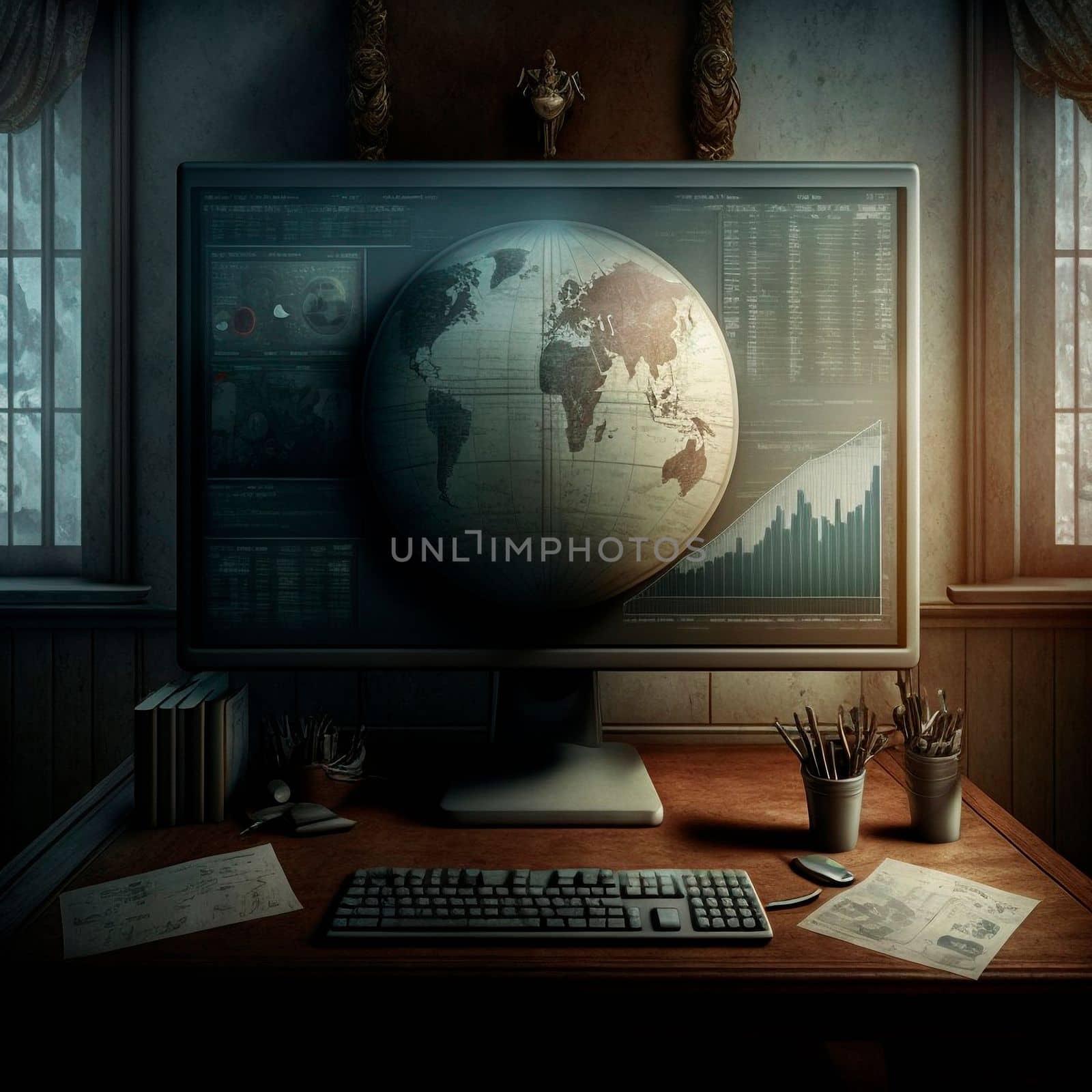 computer and screens with graphs in the office in retro style, graph analysis and world map. High quality illustration