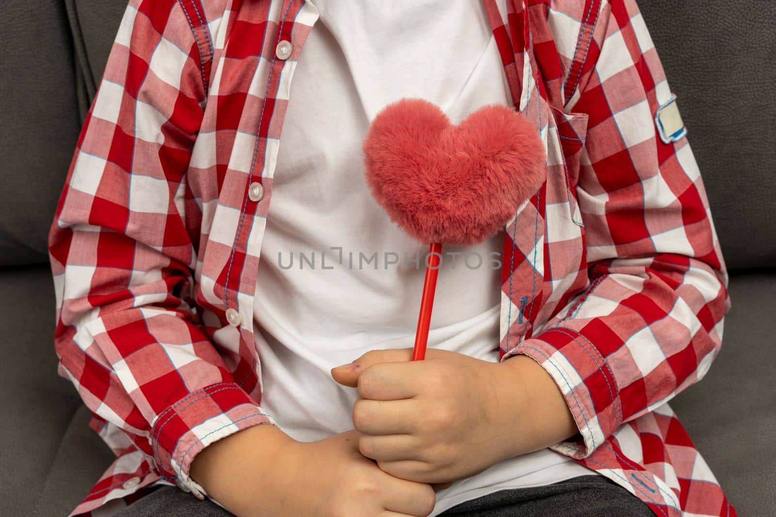 A cute boy is sitting on the couch in a white T-shirt and a plaid shirt and holding a fluffy toy in the shape of a heart. A manifestation of love. mothers Day. Father's Day. Thanksgiving day. valentine's day. close-up