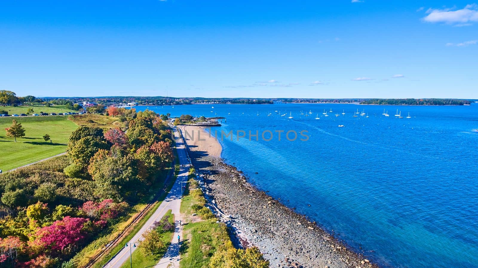 Image of Maine coastline with ocean views, boats, and forest trails