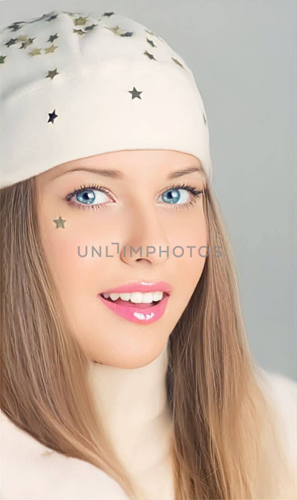 Woman wearing white benny hat, beauty and fashion. Beautiful brunette girl smiling and enjoying the holidays by Anneleven