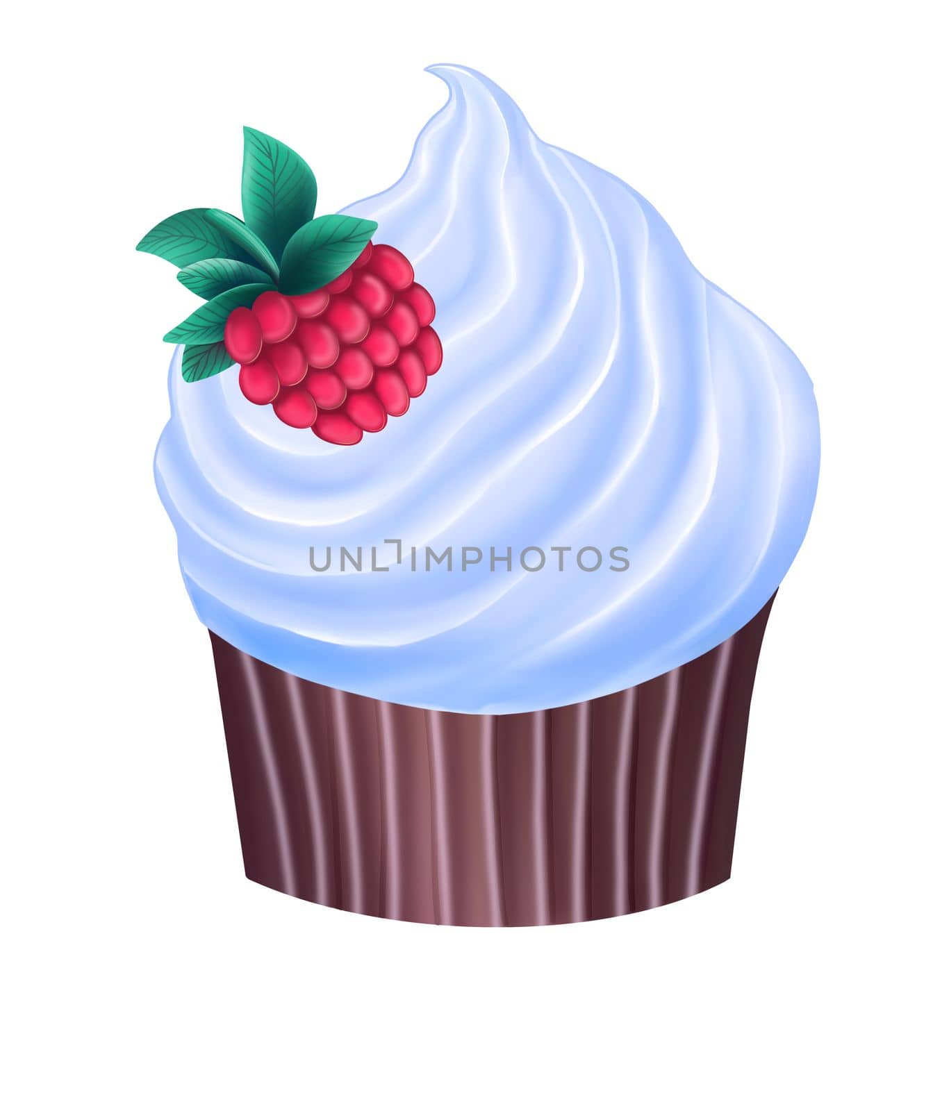 illustration of tasty cupcake with blue cream and strawberry isolated on white background
