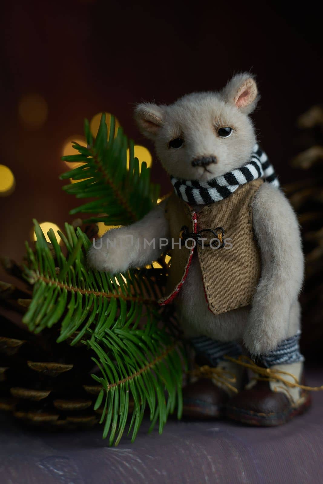 a photo of a handmade collectible teddy bear, suitable for printing in a calendar card or for inserting into a frame for delivering aesthetic pleasure in your free time by Costin