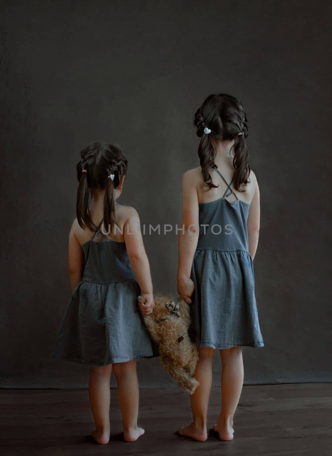 two girls stand with their backs and hold a teddy bear with their hands. Girls with long brown hair in a blue dress on a dark background by Costin