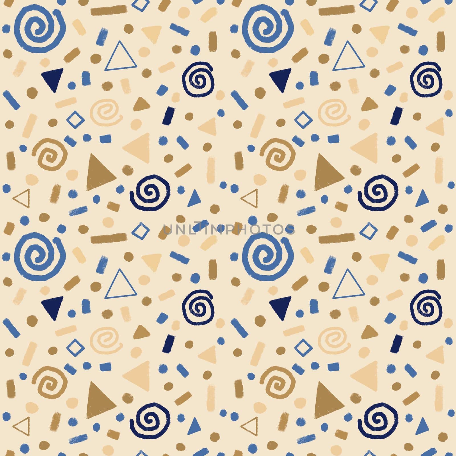 Pattern with gold and blue doodles,swirls, stars, geometric elements by Dustick