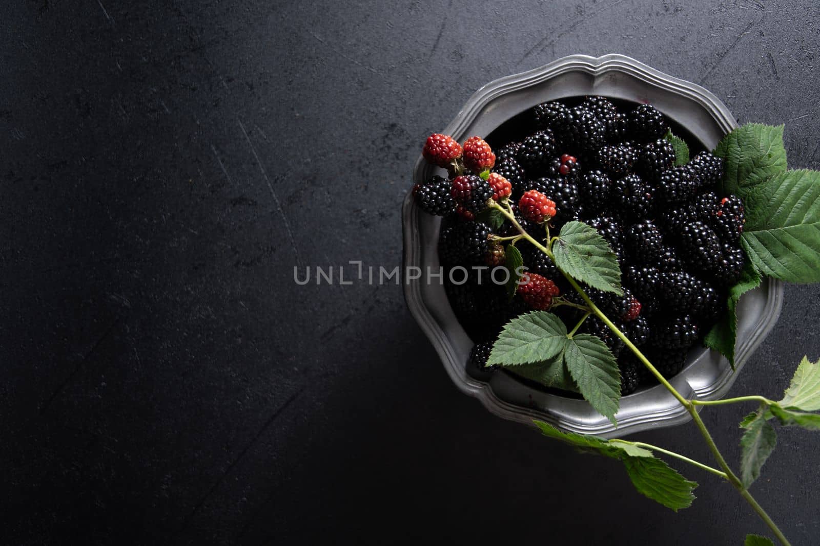 A full plate of the ripe blackberries, and a sprig of red blackberries on a pewter bowl on the dark background, copy space,High quality photo