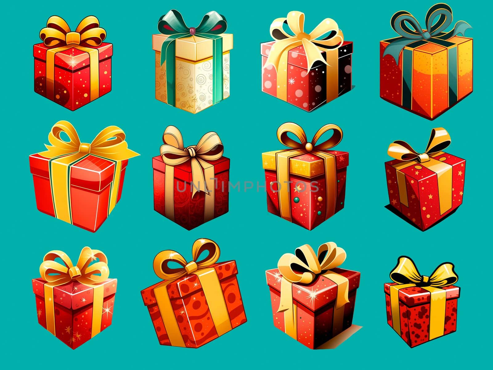 A colorful set of icons with Christmas gifts in the style of pop art