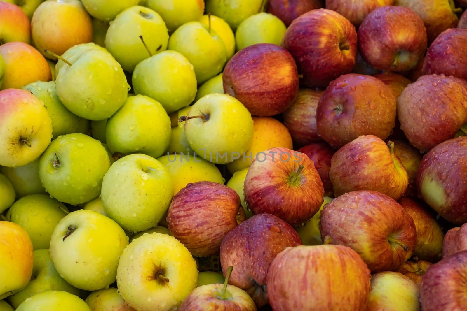 Variety of apples of different sorts in modern hypermarket. High quality photo