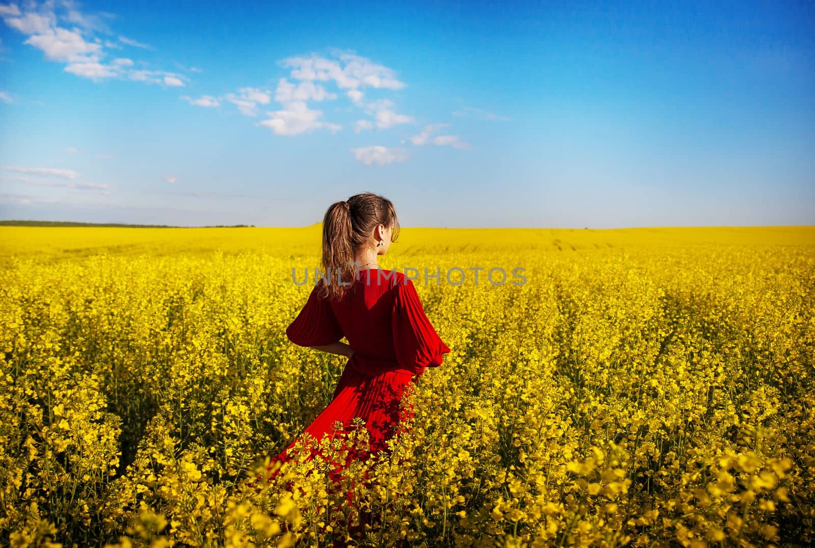 in a red dress beautiful girl standing in a field