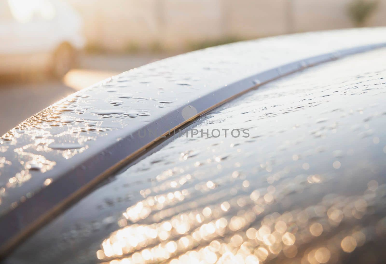 Morning dew by car. Focus on the spoiler.